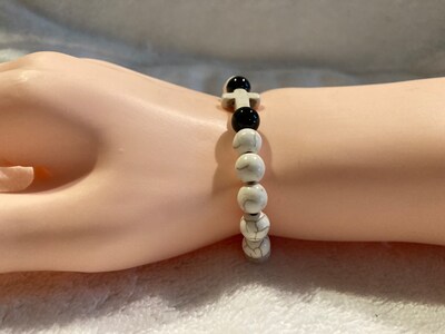 Cross Bracelet White Cross White Howlite and Black Jasper 8mm Beads Religious - image3